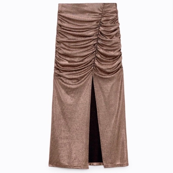 🥂 ZARA COPPER SHIMMERING HIGH WAIST SLIT RUCHED MIDI SKIRT! - Picture 11 of 13